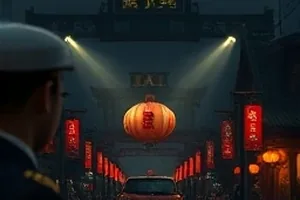 《雾港来信》剧照：雨夜灯塔下有人撑伞回望